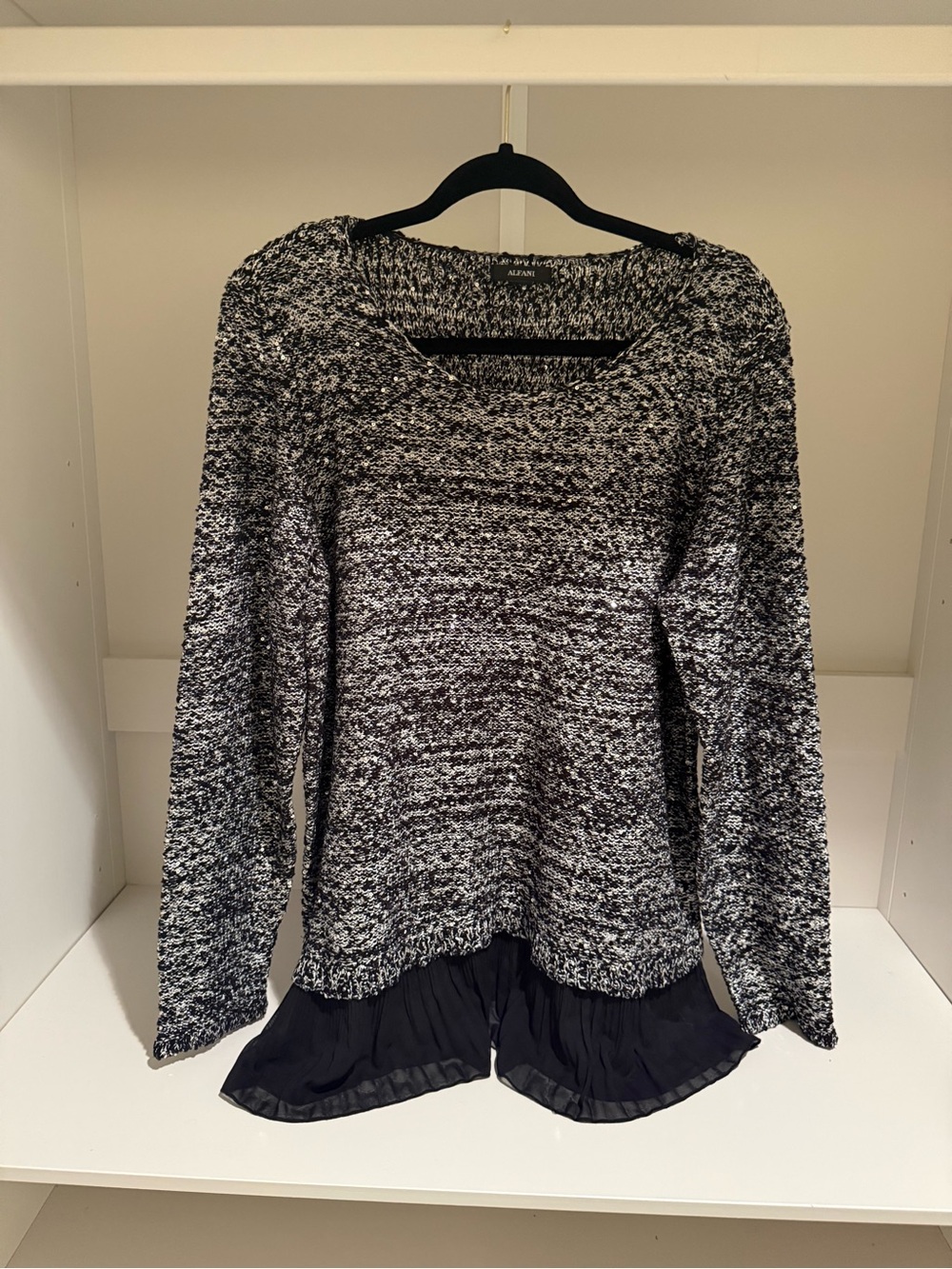 Alfani Black & White Knit Top with Subtle Sequins and Black Ruffled Bottom Trim
